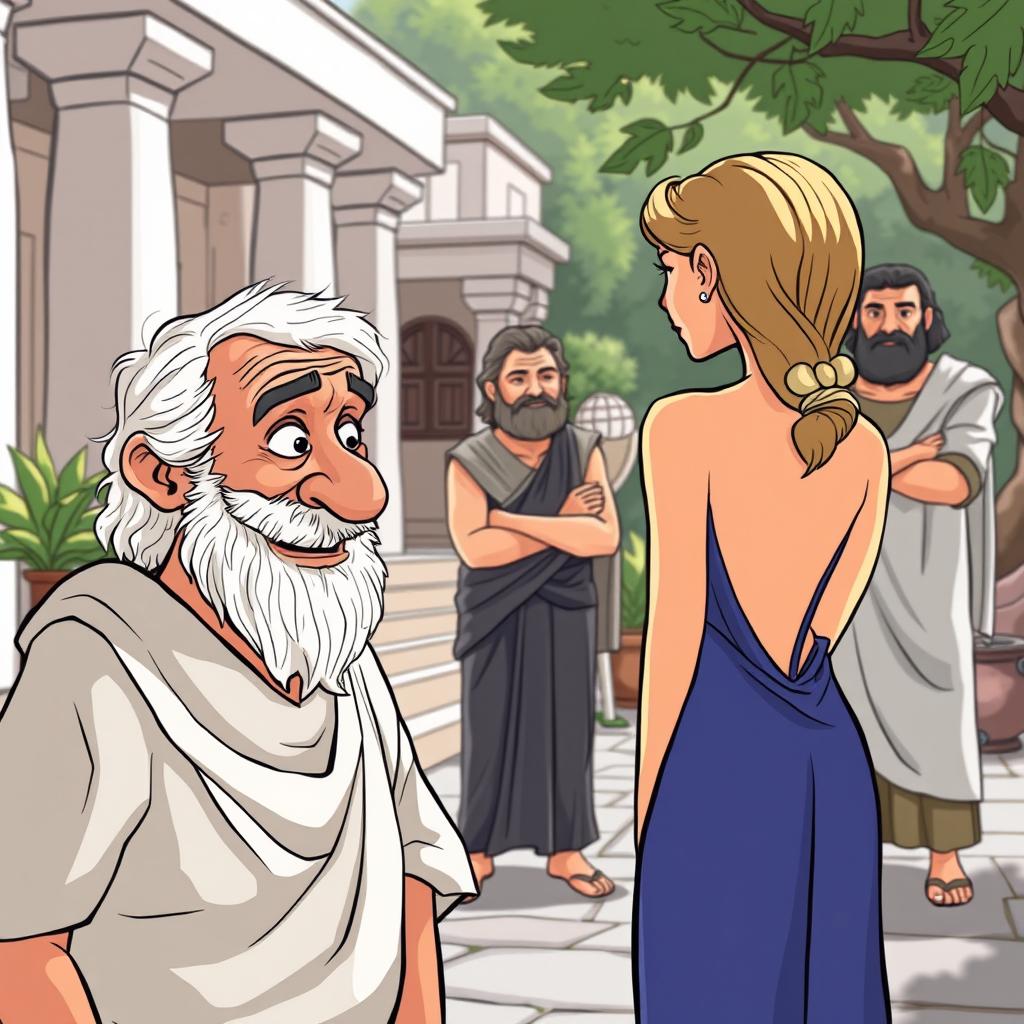 A Greek comedy scene depicted in a cartoon style