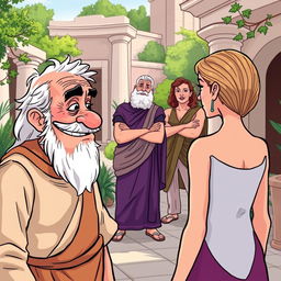 A Greek comedy scene depicted in a cartoon style