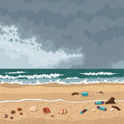 A pixel art scene depicting a polluted seaside environment, with visible air contamination in the atmosphere