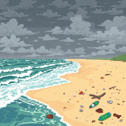 A pixel art scene depicting a polluted seaside environment, with visible air contamination in the atmosphere