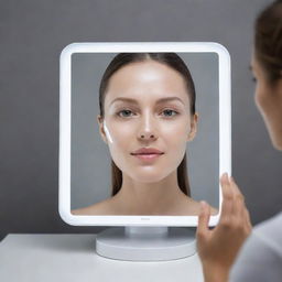 A sophisticated mirror with advanced facial scanning technology, analyzing skin condition and spontaneously recommending personalized skin-care products on its glossy surface.