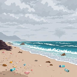 A pixel art scene depicting a polluted seaside environment, with visible air contamination in the atmosphere