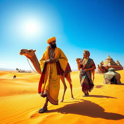 A vibrant and colorful depiction of a nomad lifestyle in a vast desert landscape