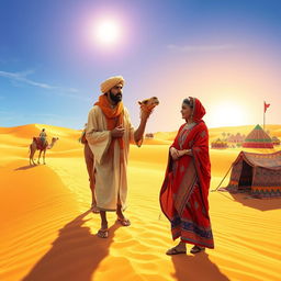 A vibrant and colorful depiction of a nomad lifestyle in a vast desert landscape