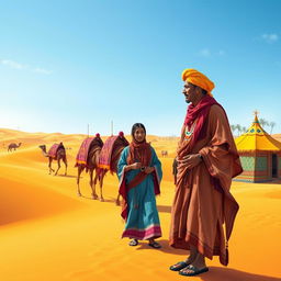 A vibrant and colorful depiction of a nomad lifestyle in a vast desert landscape