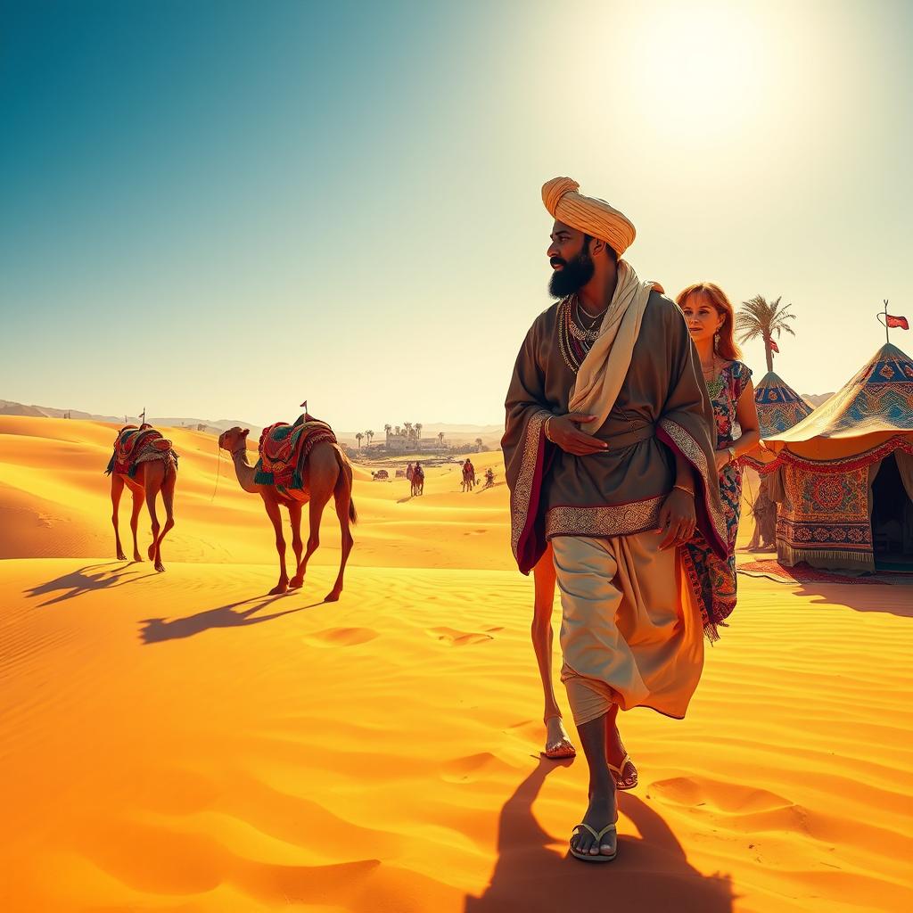 A vibrant and colorful depiction of a nomad lifestyle in a vast desert landscape