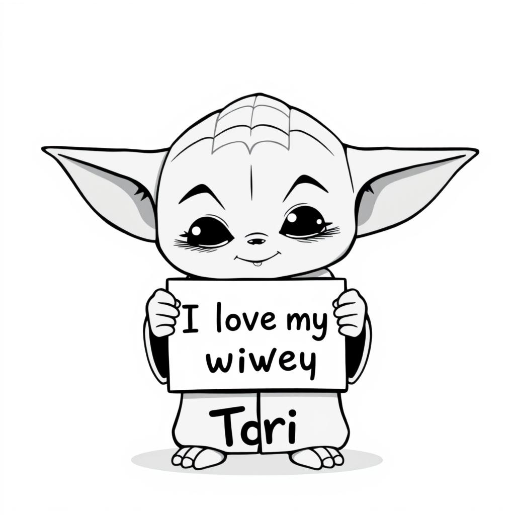 A cute black and white cartoon character design of an older baby Yoda, with his signature large ears, round eyes, and wise expression