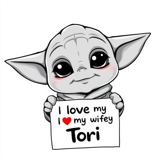 A cute black and white cartoon character design of an older baby Yoda, with his signature large ears, round eyes, and wise expression