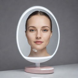 A sophisticated mirror with advanced facial scanning technology, analyzing skin condition and spontaneously recommending personalized skin-care products on its glossy surface.