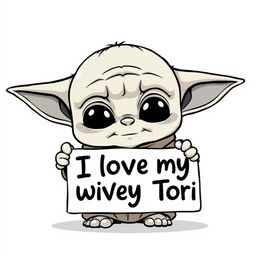 A cute black and white cartoon character design of an older baby Yoda, with his signature large ears, round eyes, and wise expression