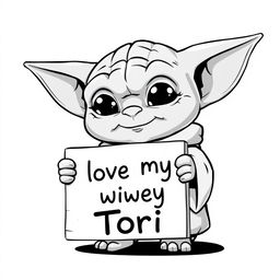 A cute black and white cartoon character design of an older baby Yoda, with his signature large ears, round eyes, and wise expression