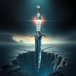 A captivating cover design featuring a dagger with a hilt made of sparkling diamonds and a blade that resembles shimmering ice, floating above a crack that exposes the void beneath