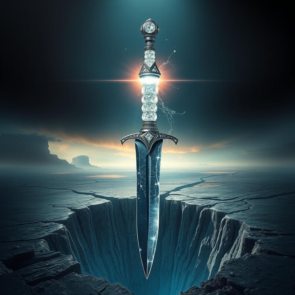 A captivating cover design featuring a dagger with a hilt made of sparkling diamonds and a blade that resembles shimmering ice, floating above a crack that exposes the void beneath