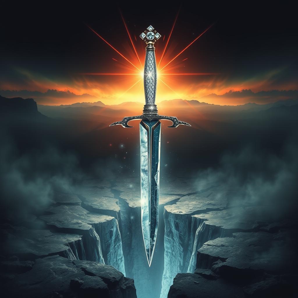 A captivating cover design featuring a dagger with a hilt made of sparkling diamonds and a blade that resembles shimmering ice, floating above a crack that exposes the void beneath