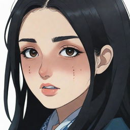 A girl with long black hair and brown eyes, featuring a distinctive scar near her mouth, drawn in the style of Kimetsu no Yaiba.