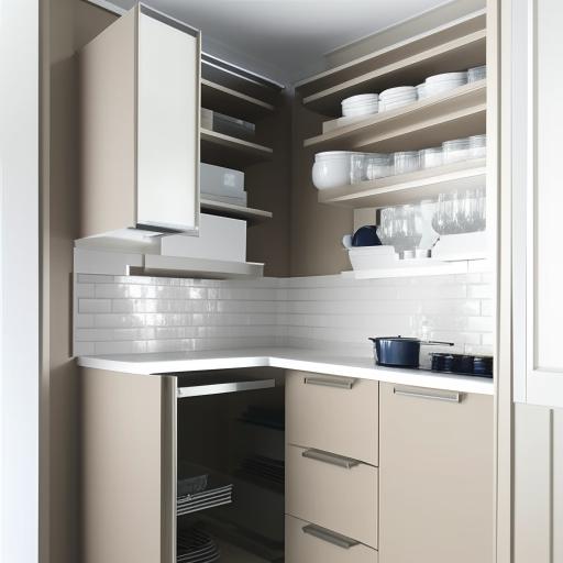 Compact but roomy double shelving units, not touching the ceiling, perfectly suited for an L-shaped kitchen.