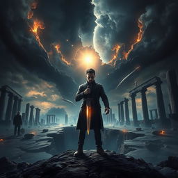 An eye-catching book cover featuring a man standing in front of a massive crack in the ground, holding a dagger that emits a faint glow in his hand