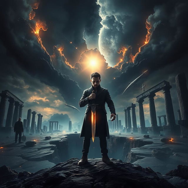 An eye-catching book cover featuring a man standing in front of a massive crack in the ground, holding a dagger that emits a faint glow in his hand