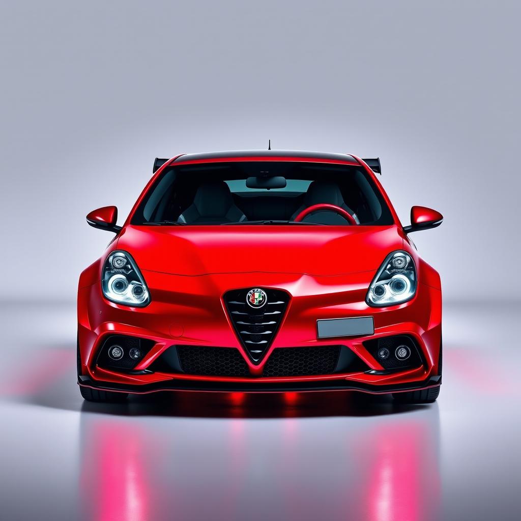 A frontal view of a striking 2019 red Alfa Romeo Giulietta featuring an aggressive body kit