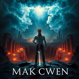 An eye-catching book cover featuring a man standing in front of a massive crack in the ground, holding a dagger that emits a faint glow in his hand