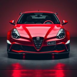 A frontal view of a striking 2019 red Alfa Romeo Giulietta featuring an aggressive body kit