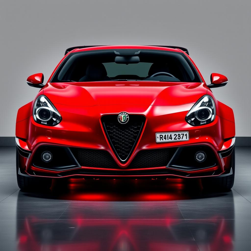 A frontal view of a striking 2019 red Alfa Romeo Giulietta featuring an aggressive body kit