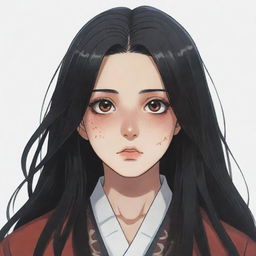 A girl with long black hair and brown eyes, featuring a distinctive scar near her mouth, drawn in the style of Kimetsu no Yaiba.