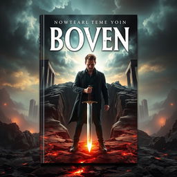 An attention-grabbing book cover featuring a man standing in front of a large crack in the ground, holding a dagger that emits a faint glow in his hand