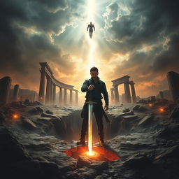 An attention-grabbing book cover featuring a man standing in front of a large crack in the ground, holding a dagger that emits a faint glow in his hand