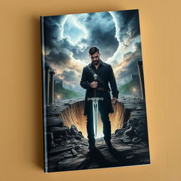 An attention-grabbing book cover featuring a man standing in front of a large crack in the ground, holding a dagger that emits a faint glow in his hand