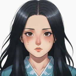 A girl with long black hair and brown eyes, featuring a distinctive scar near her mouth, drawn in the style of Kimetsu no Yaiba.