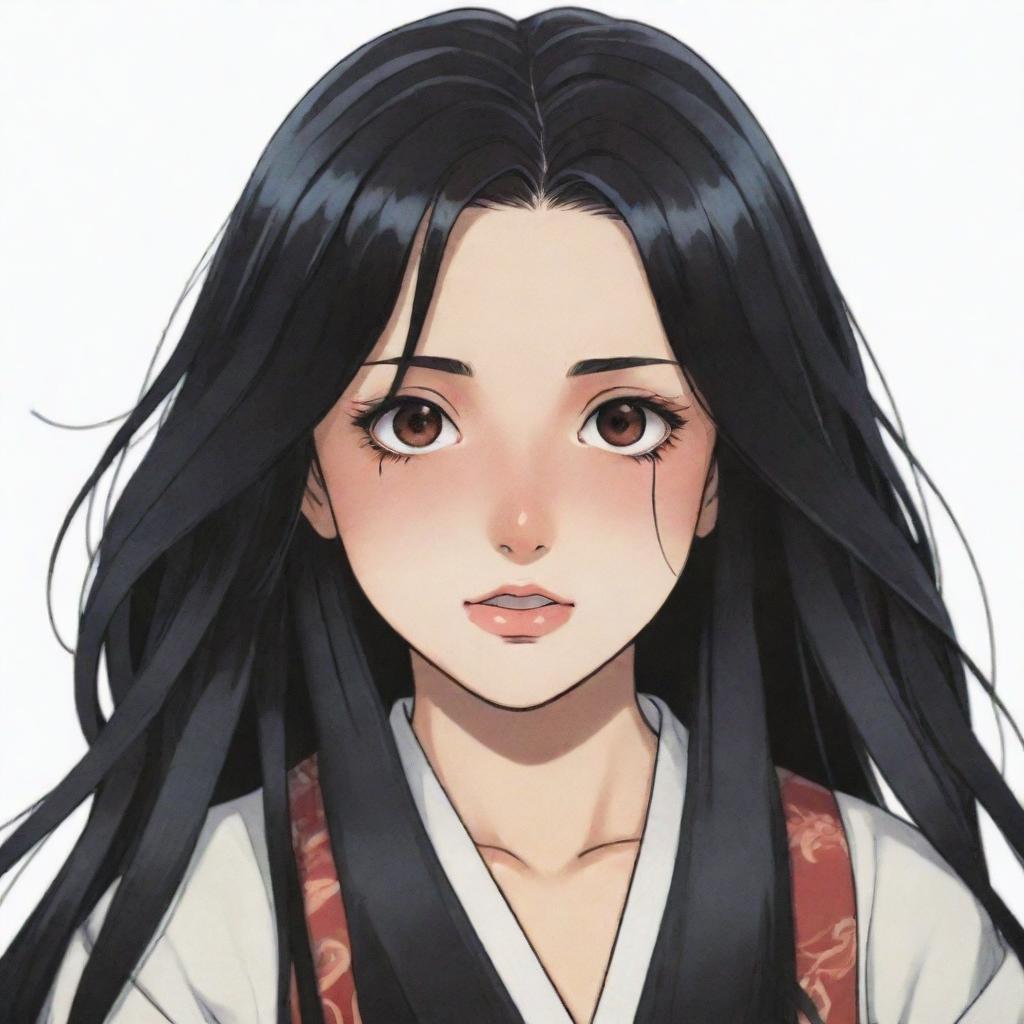 A girl with long black hair and brown eyes, featuring a distinctive scar near her mouth, drawn in the style of Kimetsu no Yaiba.