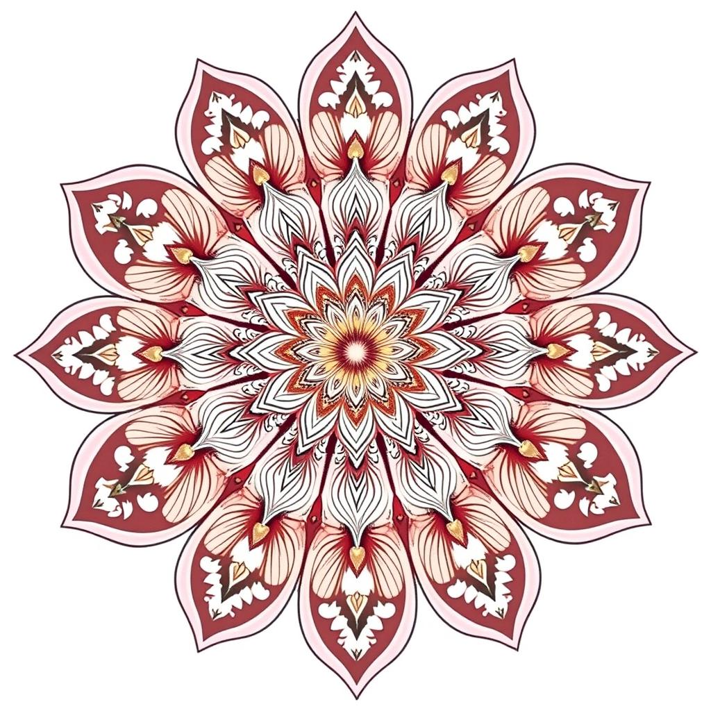 A beautifully intricate mandala flower design, featuring detailed petals with elaborate patterns and ornaments hanging delicately from each petal