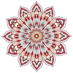 A beautifully intricate mandala flower design, featuring detailed petals with elaborate patterns and ornaments hanging delicately from each petal