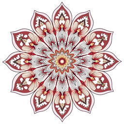 A beautifully intricate mandala flower design, featuring detailed petals with elaborate patterns and ornaments hanging delicately from each petal