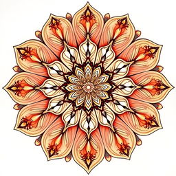 A beautifully intricate mandala flower design, featuring detailed petals with elaborate patterns and ornaments hanging delicately from each petal