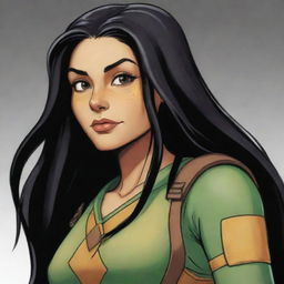 A girl with long black hair and honey-colored eyes, drawn in the distinctive style of Rise of the Teenage Mutant Ninja Turtles.