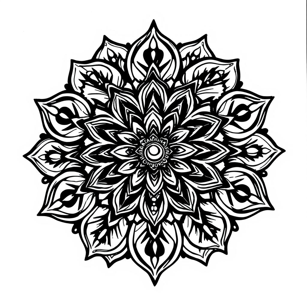 A black and white tattoo stencil featuring a detailed mandala flower design