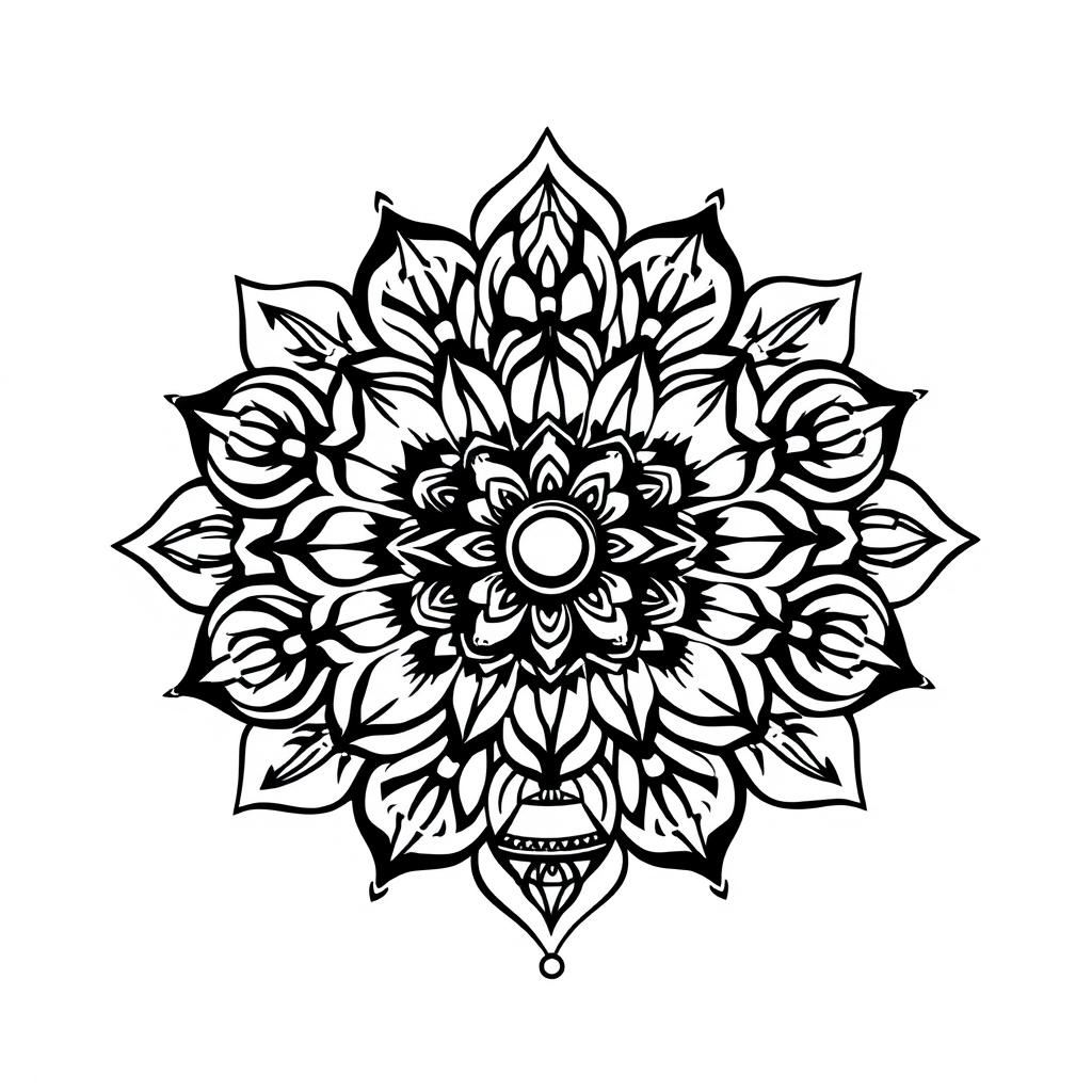 A black and white tattoo stencil featuring a detailed mandala flower design