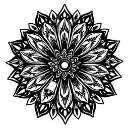 A black and white tattoo stencil featuring a detailed mandala flower design