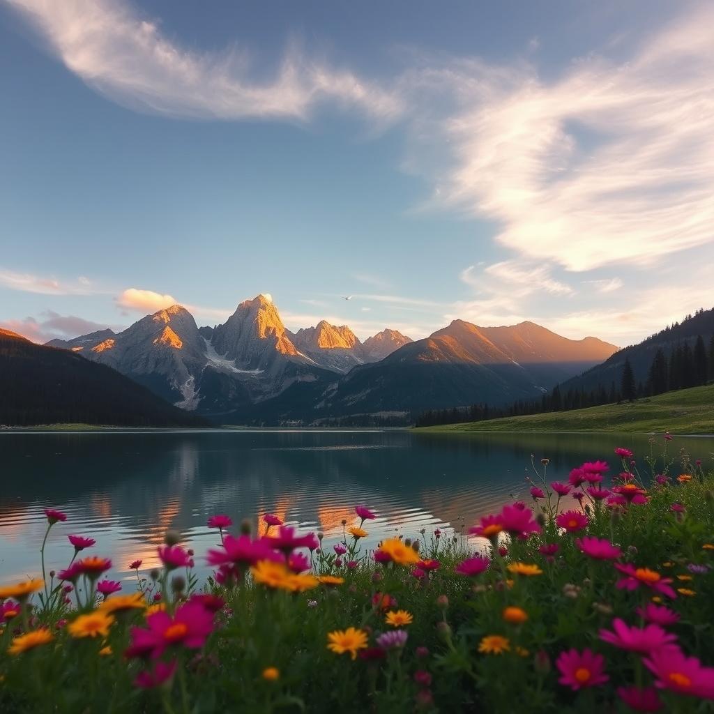 A serene mountain landscape at sunrise, depicting majestic peaks bathed in warm golden light