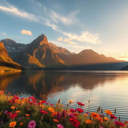 A serene mountain landscape at sunrise, depicting majestic peaks bathed in warm golden light