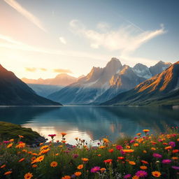 A serene mountain landscape at sunrise, depicting majestic peaks bathed in warm golden light