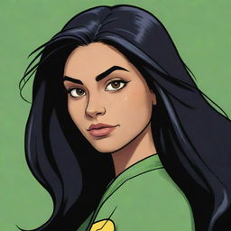 A girl with long black hair and honey-colored eyes, drawn in the distinctive style of Rise of the Teenage Mutant Ninja Turtles.