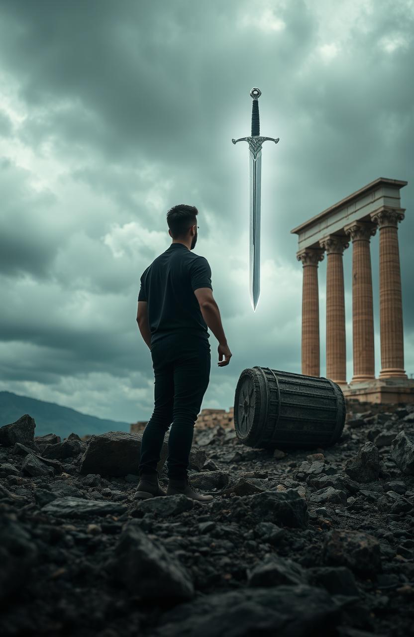 A man standing with his back turned on rocky terrain, gazing at a large sword suspended in the air emitting bright light