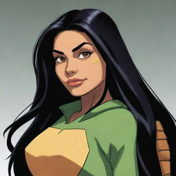 A girl with long black hair and honey-colored eyes, drawn in the distinctive style of Rise of the Teenage Mutant Ninja Turtles.