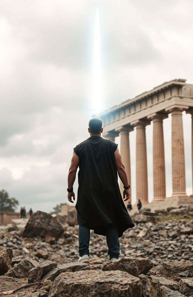 A man standing with his back turned on rocky terrain, gazing at a large sword suspended in the air emitting bright light