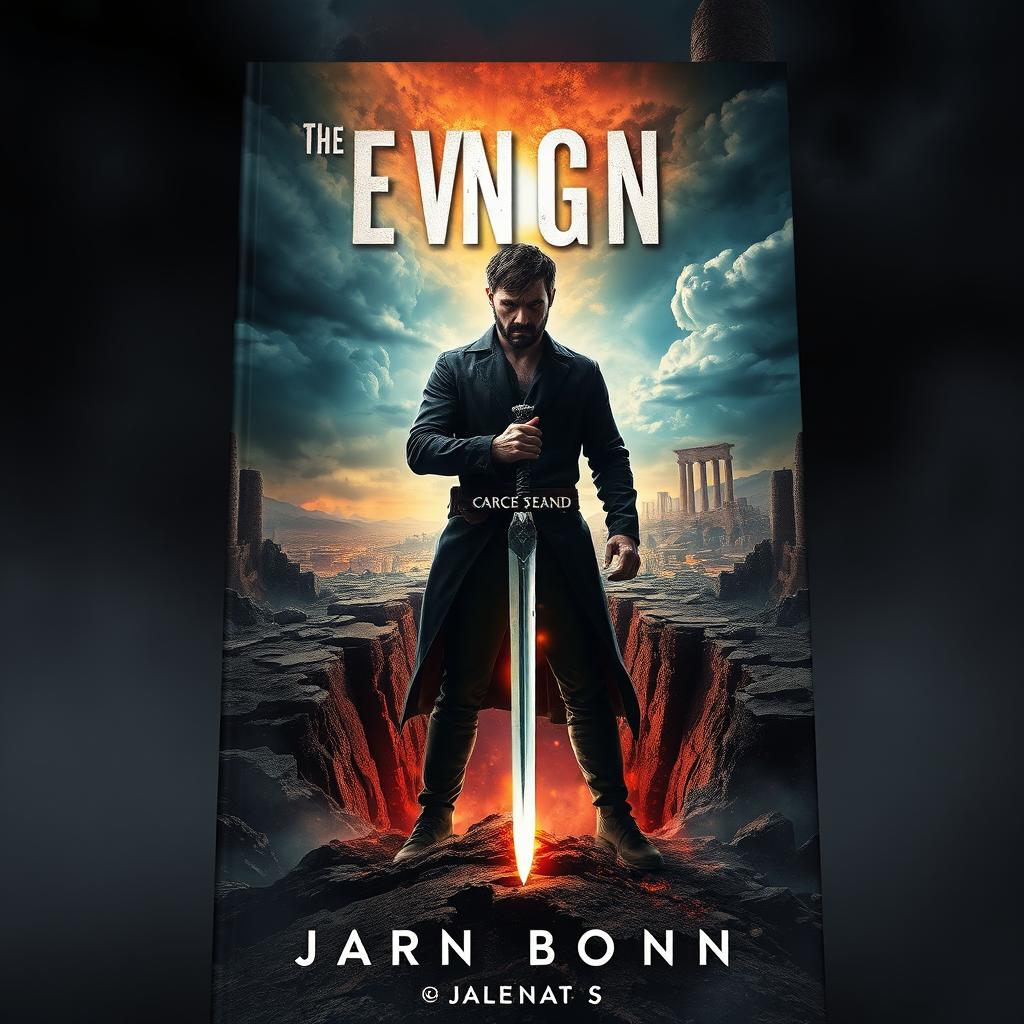 An evocative book cover featuring a man standing resolutely in front of a massive crack in the ground, gripping a dagger that glows faintly in his hand