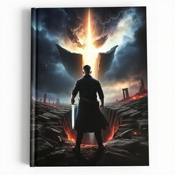 An evocative book cover featuring a man standing resolutely in front of a massive crack in the ground, gripping a dagger that glows faintly in his hand