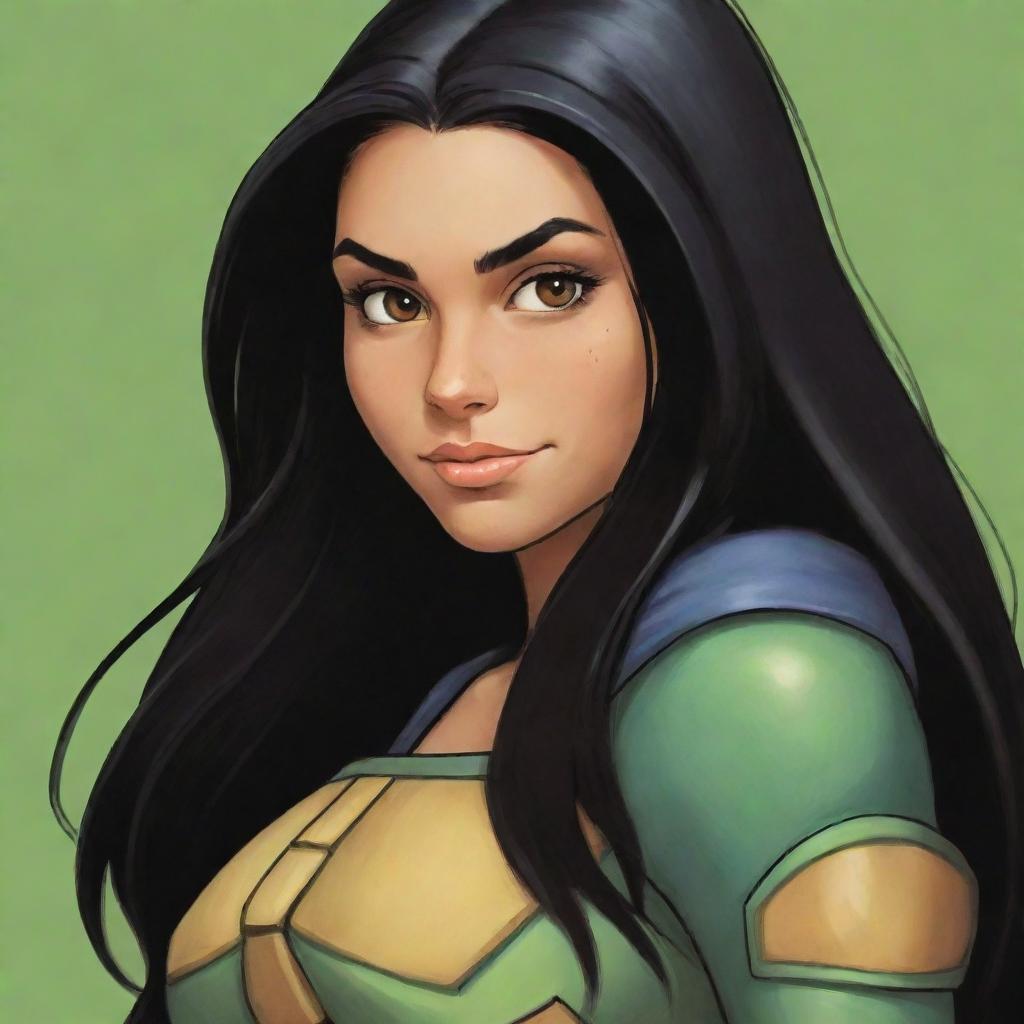 A girl with long black hair and honey-colored eyes, drawn in the distinctive style of Rise of the Teenage Mutant Ninja Turtles.